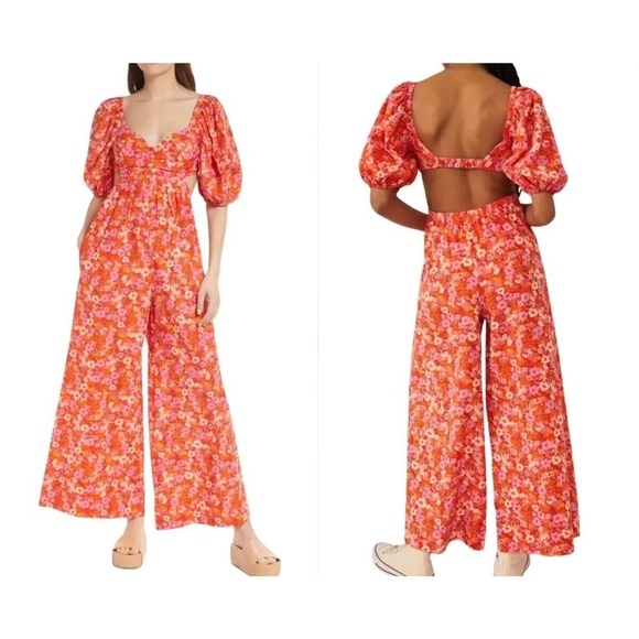NWT Free People Floral Jumpsuit Amy Jumpsuit S‎ Wide Leg Puff Sleeves Boho Gypsy - Picture 1 of 11